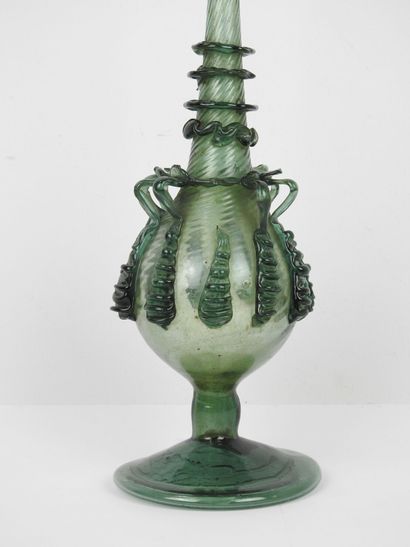 null Twisted blown glass ASPERSOIR on pedestal with hot applied handles. Oriental...