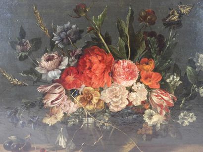 null In the taste of Jan David de HEEM: Vase of flowers on an entablature with light...