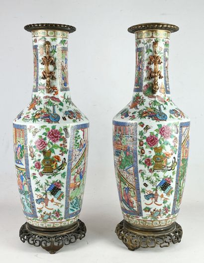 null CANTON: Pair of important porcelain vases decorated with polychrome enamels...