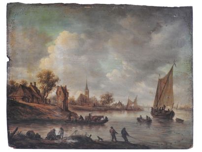 null Jan VAN GOYEN (in the taste of): Lively scene at the edge of a river. Oil on...