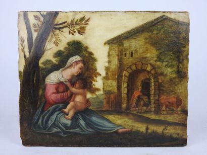 The flight in Egypt. Oil on marble plaque....