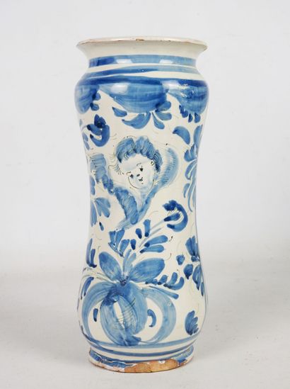 null ALBARELLO in earthenware decorated in blue camaieu of angel. Italy, Naples,...