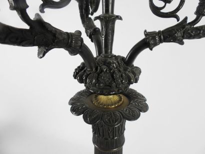 null PAIR OF CANDELABRES lighting four arms of light, in patinated and gilded bronze,...