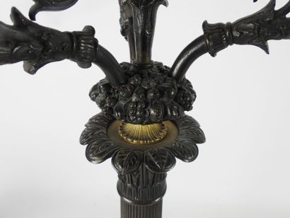 null PAIR OF CANDELABRES lighting four arms of light, in patinated and gilded bronze,...