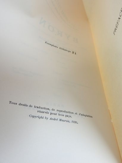 null André MAUROIS : Byron. Paris, Grasset, 1930. 2 volumes sous emboitage. Numéroté...