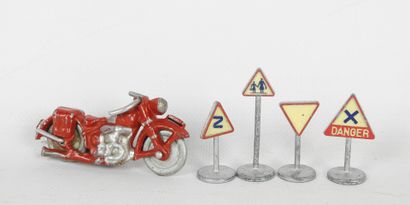 null MOTORCYCLE in red painted lead and four road signs Dinky Toys. Wear and tea...