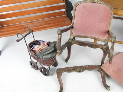 null Doll's furniture including: a Louis XV style armchair (damaged), a wood and...