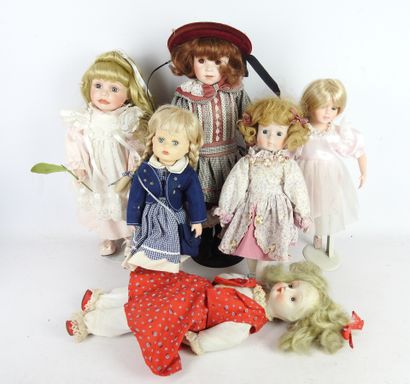 null LOT of six porcelain head dolls, modern.