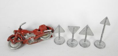 null MOTORCYCLE in red painted lead and four road signs Dinky Toys. Wear and tea...