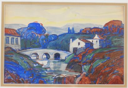 null Raoul VAN MALDERE (1875-1947) : Paysage au pont. Aquarelle. Signé en bas à gauche....