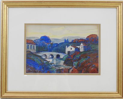 null Raoul VAN MALDERE (1875-1947) : Paysage au pont. Aquarelle. Signé en bas à gauche....