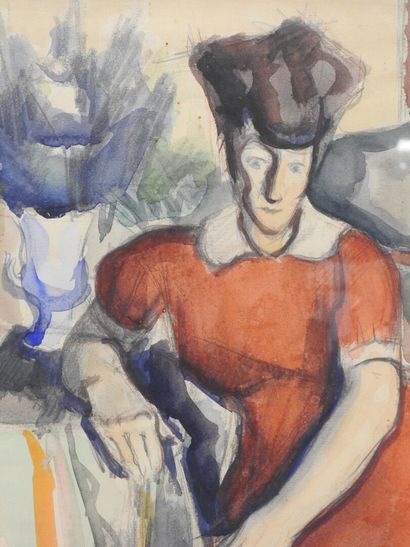 null Ecole française debut du XXème siècle: 

femme en robe rouge. 

Aquarelle, signée...