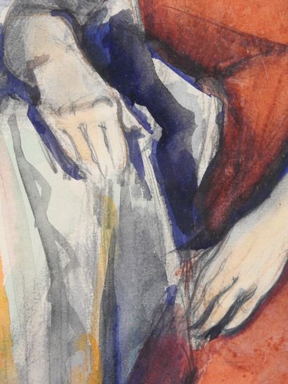 null Ecole française debut du XXème siècle: 

femme en robe rouge. 

Aquarelle, signée...
