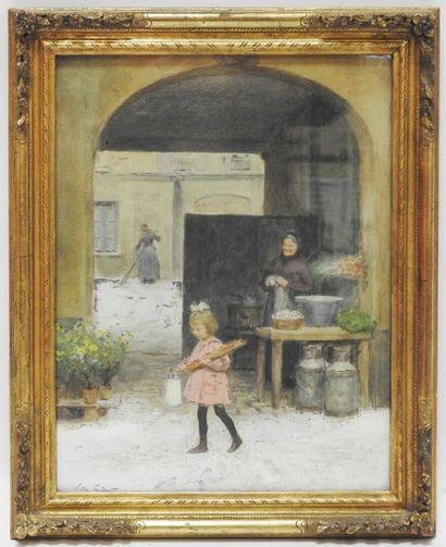 null Victor Gabriel GILBERT (1847-1935):

Petite fille à la laitière. 

Gouache,...