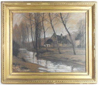 null Henri JOURDAIN (1864-1931). Ruisseau. Pastel et crayon. Signé en bas à gauche....