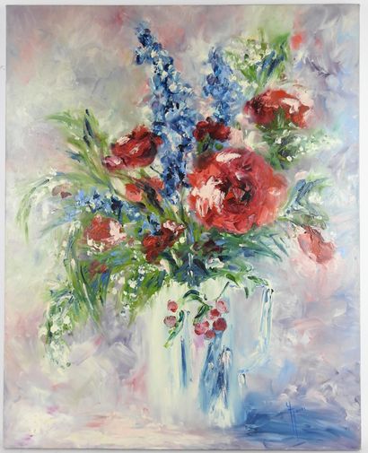 Yveline JAVER (1949). Flowers in a decorated...