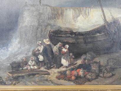 null Ecole du XIXème siècle. Famille au bord de l'eau. Huile sur toile. 26 x 43 cm....