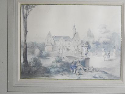 null Ecole du XIXème siècle. Vue de chateau. Paire d'aquarelles. 20 x 27 cm à vu...