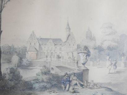 null Ecole du XIXème siècle. Vue de chateau. Paire d'aquarelles. 20 x 27 cm à vu...