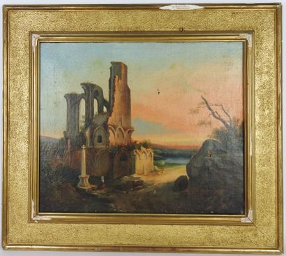 NICOLE (XIXth). The ruins. Oil on canvas....