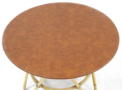 null Work of the 50's

Coffee table with circular top covered with brown vinyl resting...
