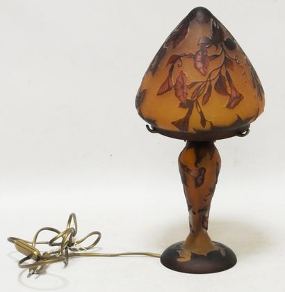null GALLE TIP 

A double glass mushroom lamp in orange colors with floral decoration....