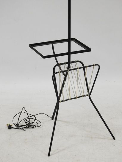 null Floor lamp in black lacquered metal forming a magazine holder and table, yellow...