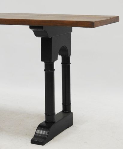 null Large rectangular console with a natural wood top and a blackened wood base...