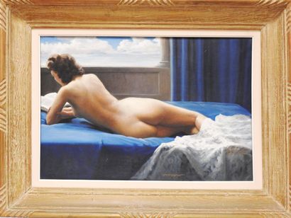 null Anonymous - 20th century

Female nude lying down reading.

Oil on canvas.

Signed...
