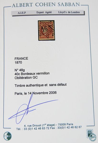 null France 

Timbre poste n°48g

40 centimes cérès vermillon

Marge grand luxe 

Certificat...