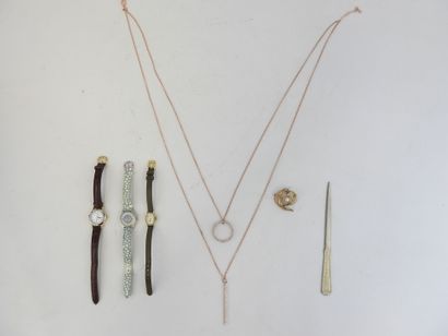 null LOT de bijoux fantaisie : broche feuille en métal et perles, trois montres Inesens,...