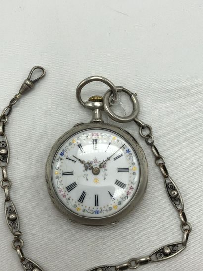 null Montre à gousset en argent avec sa chaine giletière D. 46mm. Semble fonctio...