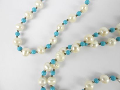 null COLLIER en perles de culture, turquoises et perles. Long : 130 cm env. Acci...
