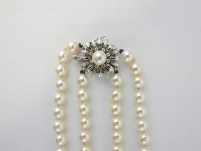 null COLLIER de perles double rangs, fermoir en métal agrémenté d'une fleur en perle...