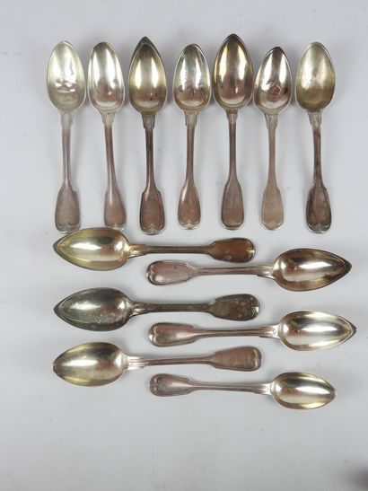 null SET OF 9 silver spoons net model. Mainly Minerve and Vieillard hallmarks and...