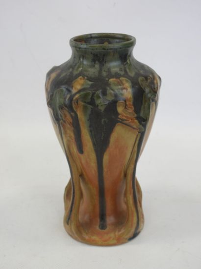 null DENBAC, Enamelled stoneware art nouveau vase with linear decoration in relief,...