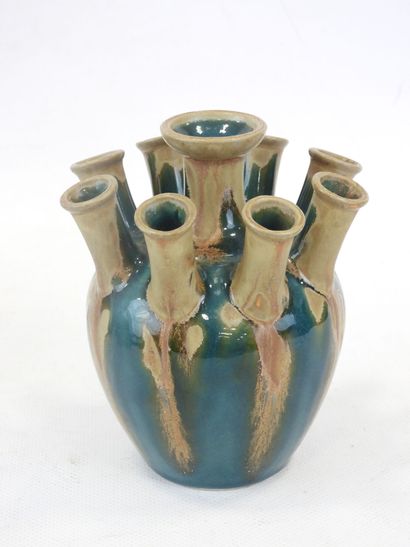 null DENBAC, Vase pique fleur in turquoise enamelled stoneware, signed under the...