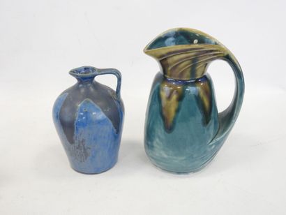 null DENBAC, Blue enamelled stoneware jug with narrow neck, high shoulder and short...