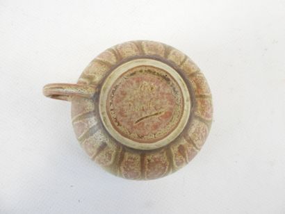 null DENBAC, Stoneware cup with red and green flamed decoration, marked under the...