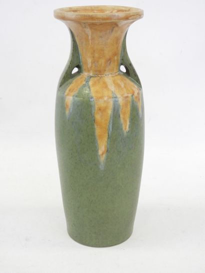 null DENBAC, Enamelled stoneware vase with brown and green decoration, signed under...