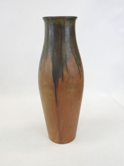 null DENBAC, Vase in stoneware oblong with decoration of green coulure on brown bottom,...