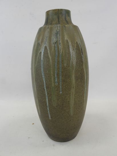 null DENBAC, Oblong enamelled stoneware vase with narrowed neck, signed under the...