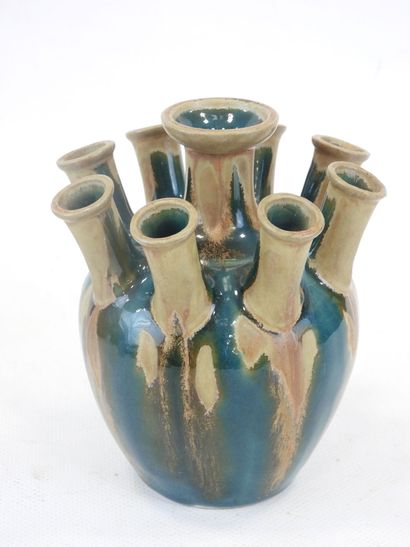 null DENBAC, Vase pique fleur in turquoise enamelled stoneware, signed under the...