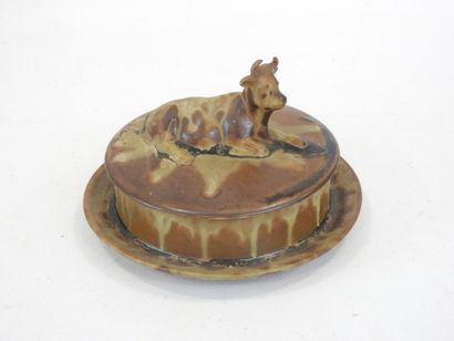 null Attributed to DENBAC, covered butter dish in enamelled stoneware with bovid...