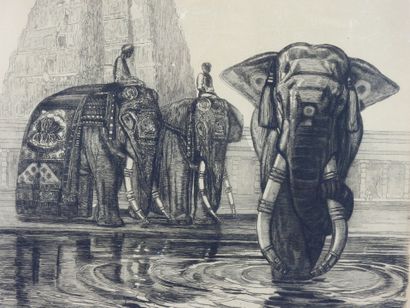 null After JOUVE : the Elephants of Madura. Lithograph. Trace of apocryphal signature...