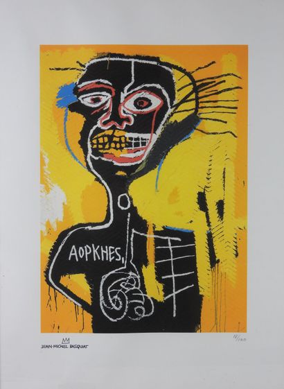  Jean-Michel BASQUIAT (1960-1988). Autoportrait sur fond jaune. Epreuve en couleurs...