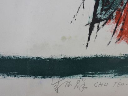 null 
CHU TEH CHUN (1920-2014) : Village dans une pluie rouge (circa 1960). Lithographie...