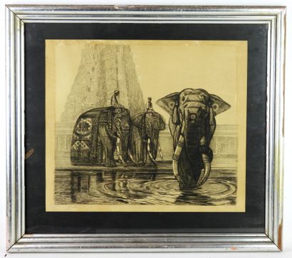 null After JOUVE : the Elephants of Madura. Lithograph. Trace of apocryphal signature...