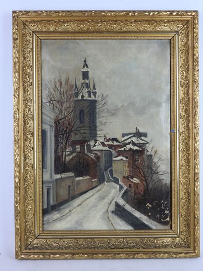 null J. DESCARTE: Snowy street. Oil on canvas, signed lower right. Dated 1916. Dim....