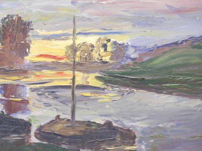 null D. LEDRU (XXth century): Boat moored at sunset. Oil on panel. Signed lower left...